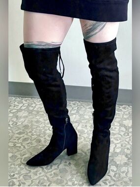 Marc Fisher Black Suede Over the Knee Boots 6.5 Block Heel Pointed Toe